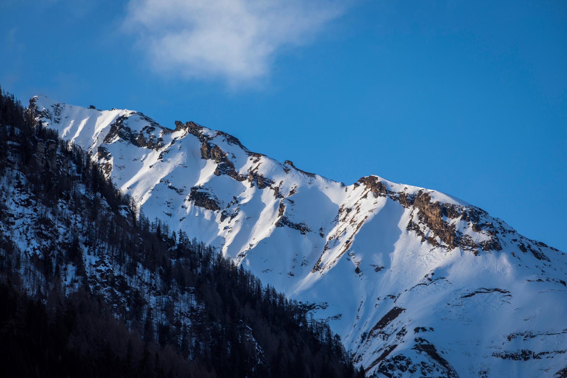 Snow-covered hilltop with sharp rocky outcrops and dark coniferous forest under a blue sky.