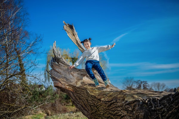 Füße in Wanderschuhen auf einem Baumstumpf mit Steinmauer im Hintergrund