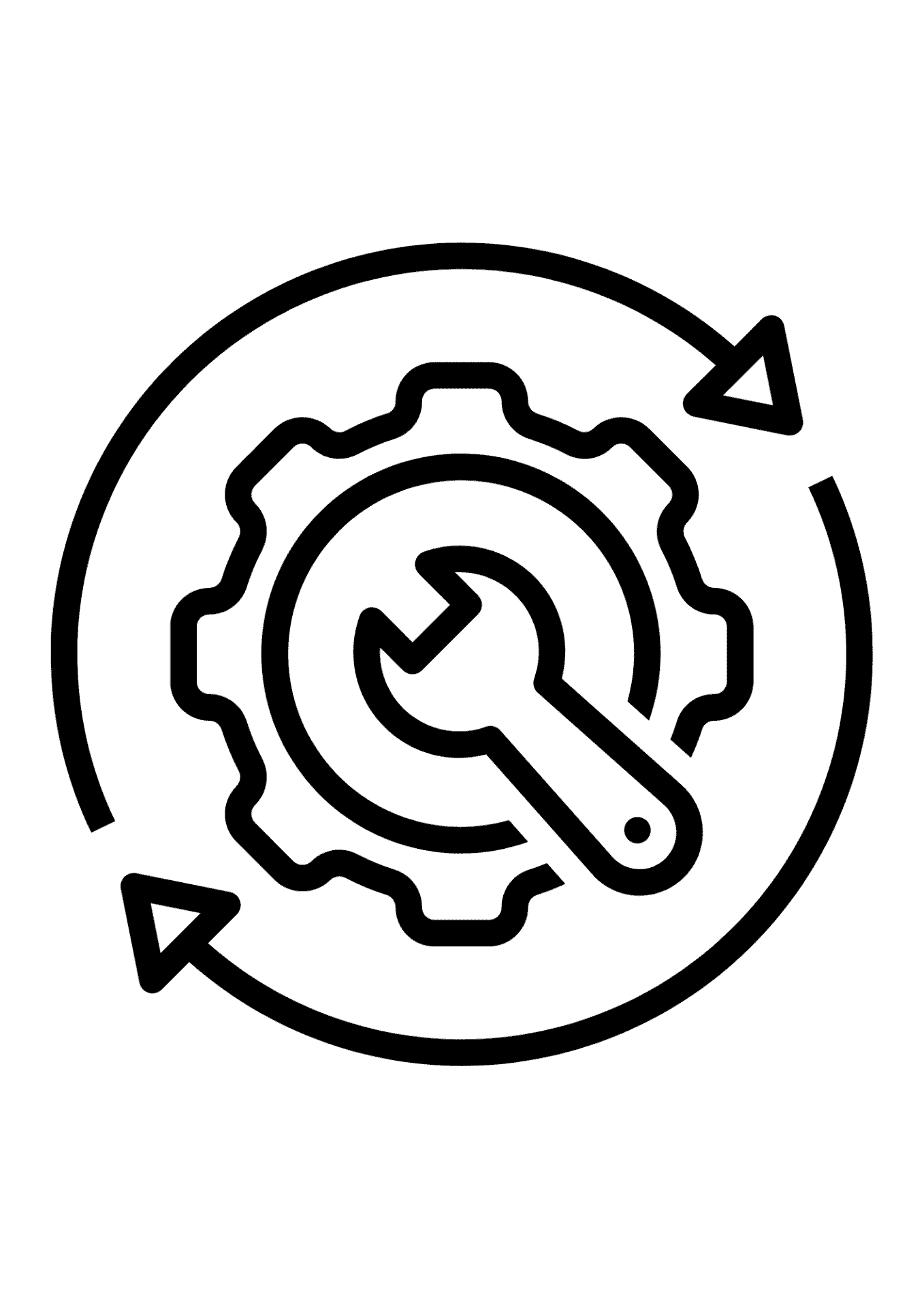 Schwarzes Symbol in einem Kreis: Ein Zahnrad in der Mitte, darüber ein schräg liegender Schraubenschlüssel; außen um das Zahnrad verläuft ein Kreis mit zwei Pfeilen, die eine Rotation andeuten.