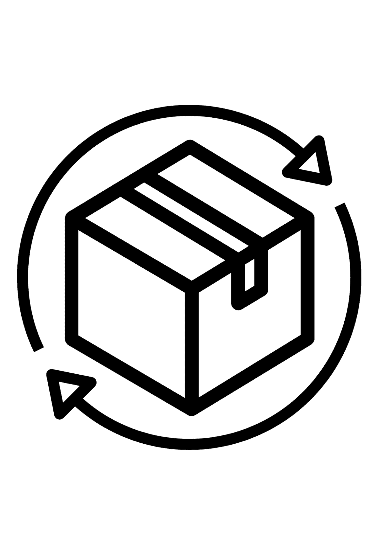 Schwarzes Symbol in einem Kreis: Ein dreidimensional dargestellter Würfel (Paket) mit sichtbaren Kanten und Klebeband auf der Oberseite; außen um den Würfel verläuft ein Kreis mit zwei Pfeilen, die eine Rotation andeuten.