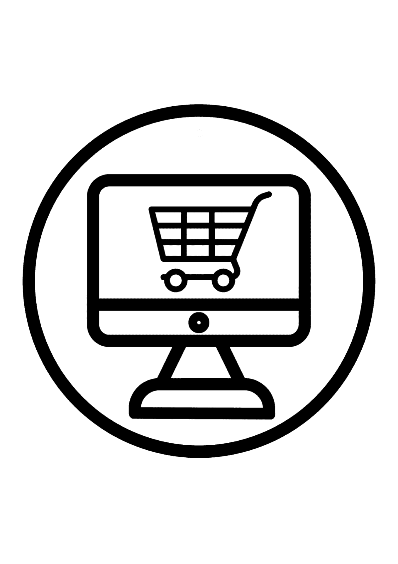 Schwarzes Symbol in einem Kreis: Ein Computerbildschirm mit Standfuß, auf dem ein Einkaufswagen-Symbol dargestellt ist.