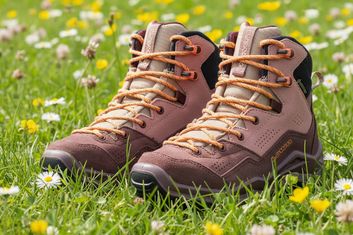 Lowa Wanderschuhe in altrosa mit orangefarbenen Schnürsenkeln, auf einer Wiese mit Blumen.