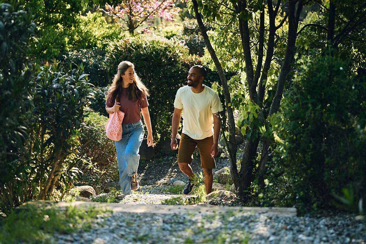 Zwei Personen gehen auf einem sonnendurchfluteten Waldweg, umgeben von dichtem Grün und blühenden Bäumen. Die Szene vermittelt eine entspannte Atmosphäre eines Spaziergangs in der Natur an einem klaren Tag.