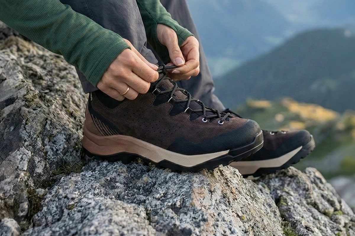 Fotografie zeigt eine Person, die auf einem Felsen sitzt und schwarze Wanderschuhe schnürt, umgeben von Berglandschaft mit unscharfem Hintergrund. Fokus liegt auf robusten Schuhen mit stabiler Sohle und Schnürsystem, geeignet für Outdoor-Aktivitäten und Wanderungen.