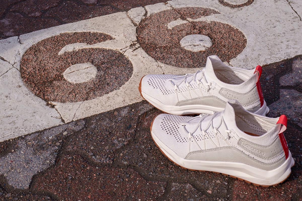 Wanderer in blauen Wanderschuhen auf einem steinigen Weg mit grünem Gras im Hintergrund.