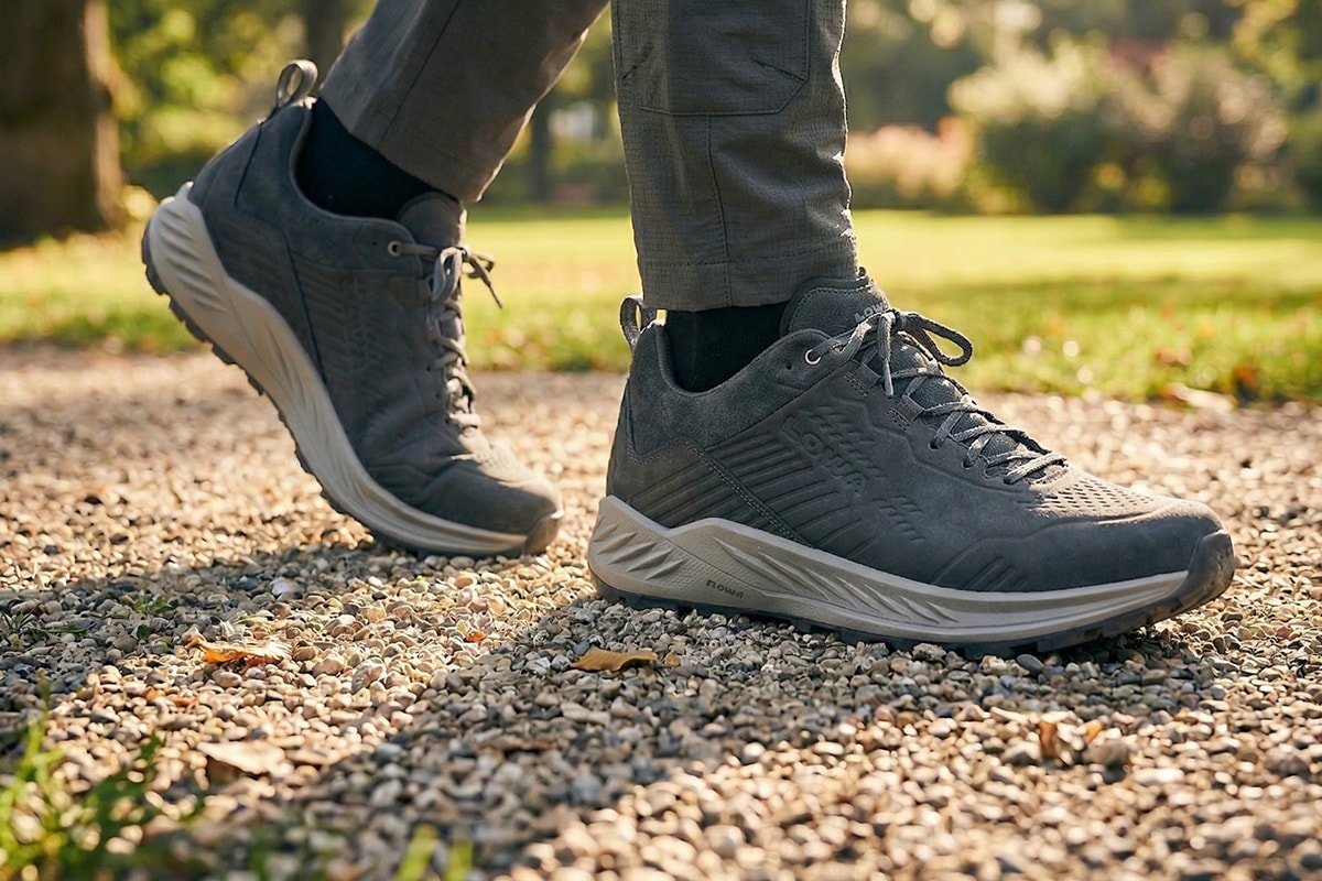 Aktive Person trägt Wanderschuhe auf einem steinigen Pfad, umgeben von Natur.